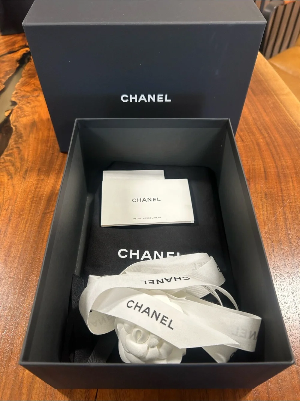 CHANEL Gift Box with Dust Bag and Camellia accessory- Large Rectangular